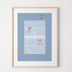Blue Doubles Delight I aerial tennis court art print in a natural wood frame.
