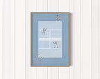 Blue Doubles Delight I blue tennis court print on a white panelled wall.