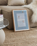 Blue Doubles Delight I framed tennis court print beside a beige sofa.