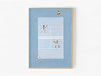 Blue Doubles Delight I, aerial tennis doubles art print by Studio Twinswa