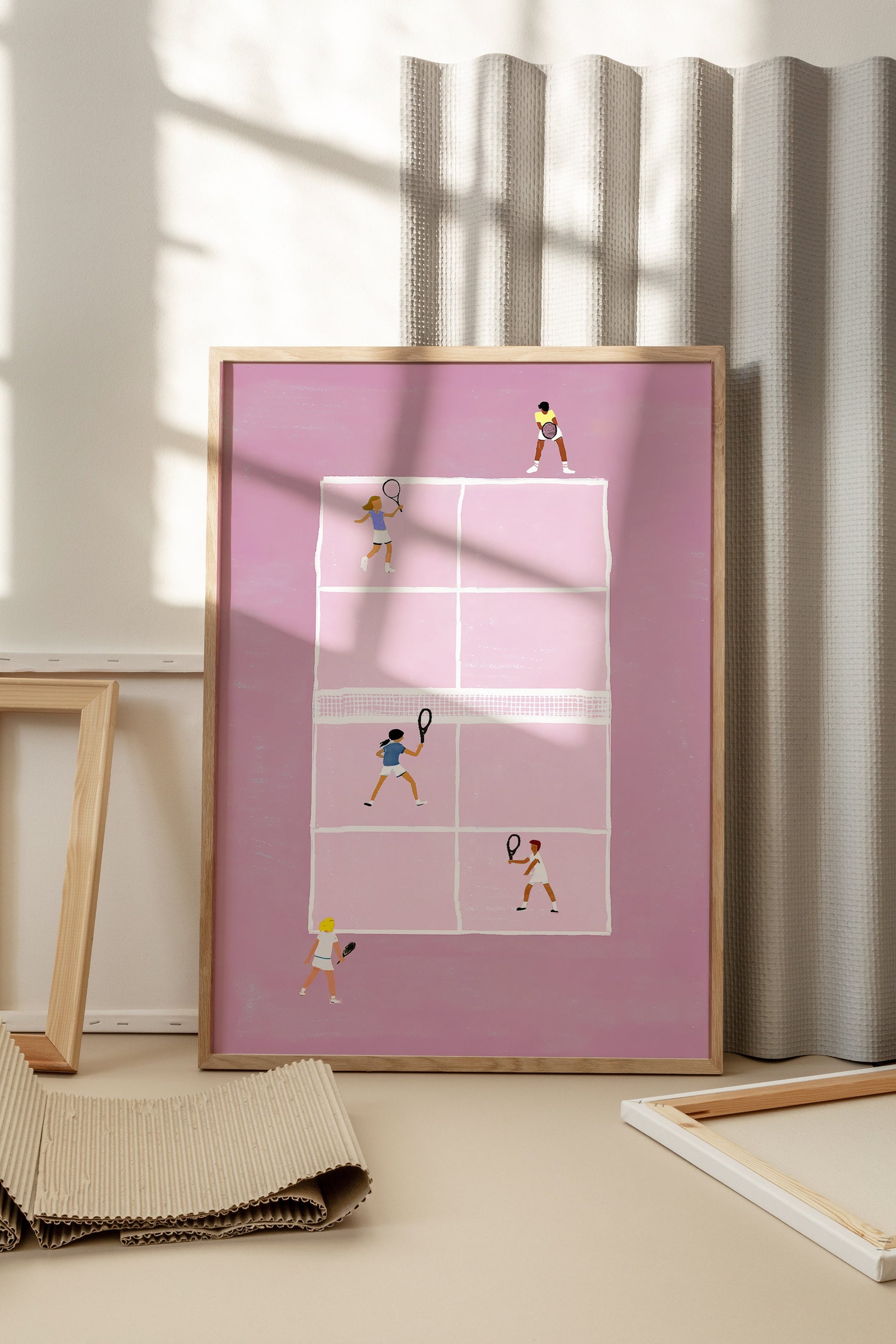 Cute tennis wall art using gouache on textured paper showing a whimsical and cute illustration of a playful match in light pink, inspired by children book illustrators such as Kate Pugsley, Jackie Mancuso, Rebecca Gibbons etc.