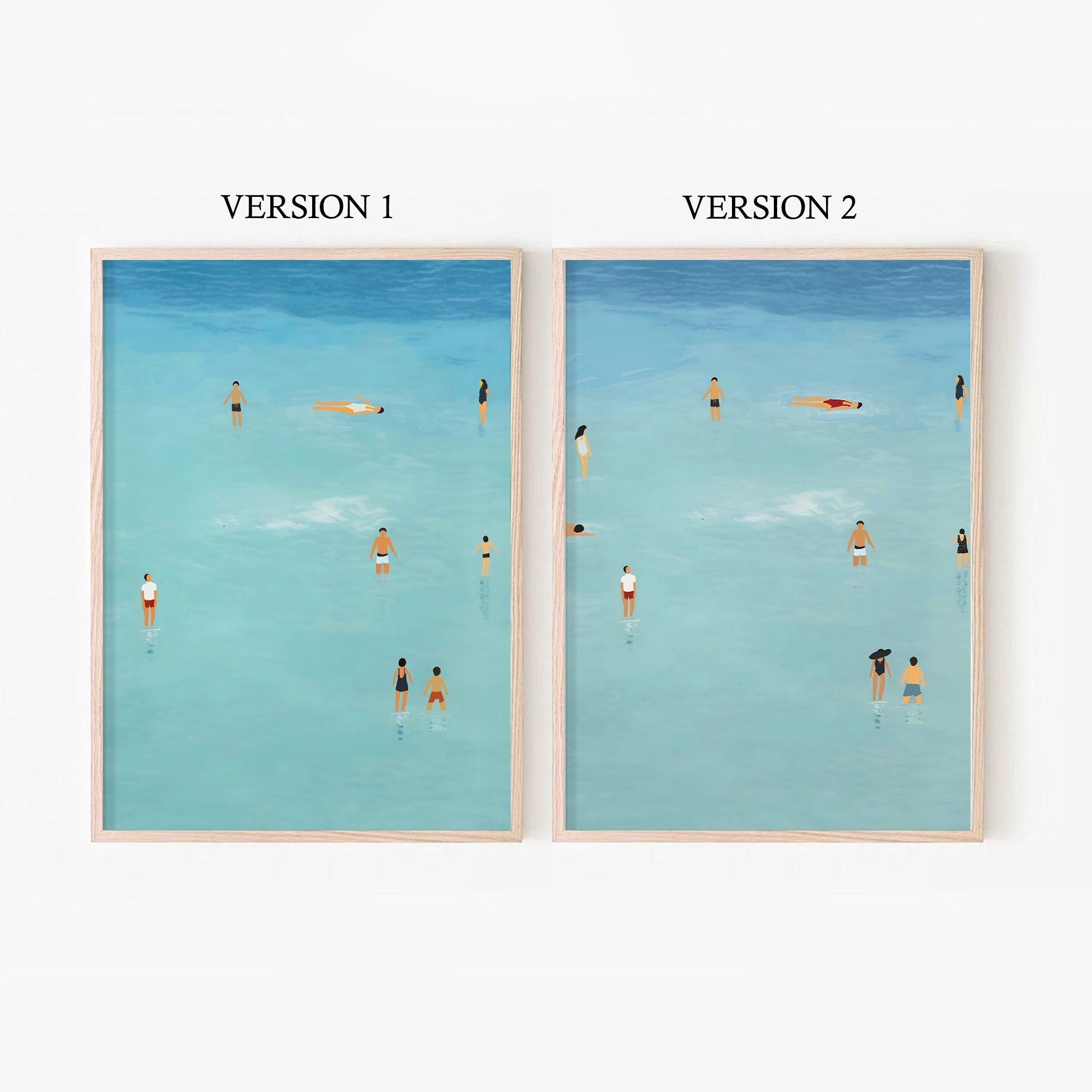 An illustration of people swimming in the water, cute summer print, summer day poster, beach day art, blue print, Wall Art, Dorm decor, Blue Art Print, blue wall art, Fine little day pillow,fine little day poster, Iuliastration poster