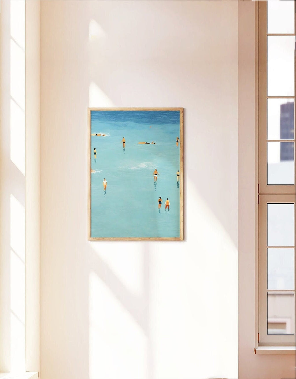 An illustration of people swimming in the water, cute summer print, summer day poster, beach day art, blue print, Wall Art, Dorm decor, Blue Art Print, blue wall art, Fine little day pillow,fine little day poster, Iuliastration poster
