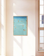 An illustration of people swimming in the water, cute summer print, summer day poster, beach day art, blue print, Wall Art, Dorm decor, Blue Art Print, blue wall art, Fine little day pillow,fine little day poster, Iuliastration poster