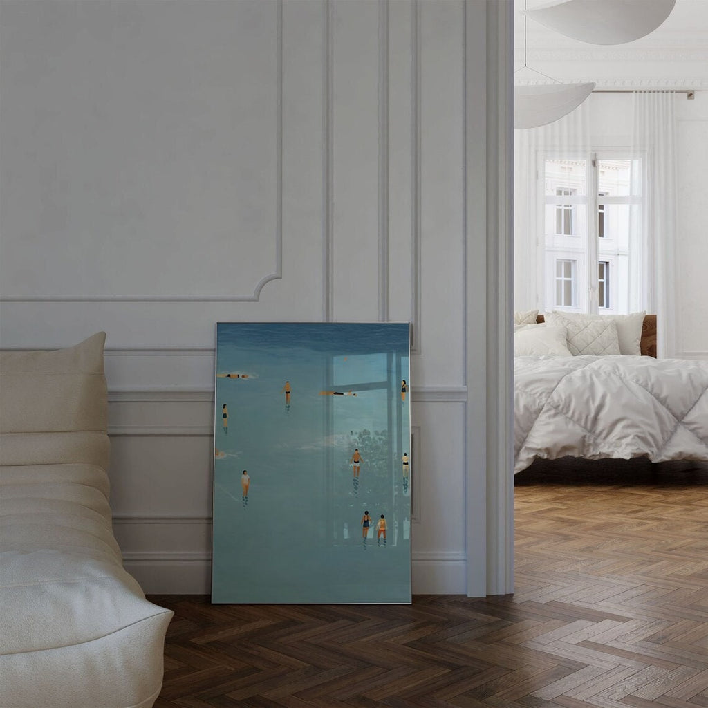 An illustration of people swimming in the water, cute summer print, summer day poster, beach day art, blue print, Wall Art, Dorm decor, Blue Art Print, blue wall art, Fine little day pillow,fine little day poster, Iuliastration poster