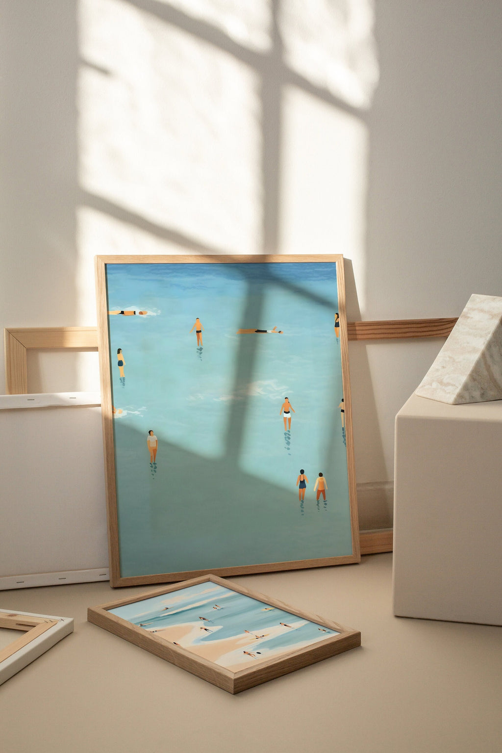 An illustration of people swimming in the water, cute summer print, summer day poster, beach day art, blue print, Wall Art, Dorm decor, Blue Art Print, blue wall art, Fine little day pillow,fine little day poster, Iuliastration poster