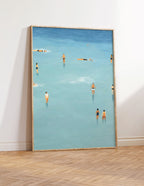 An illustration of people swimming in the water, cute summer print, summer day poster, beach day art, blue print, Wall Art, Dorm decor, Blue Art Print, blue wall art, Fine little day pillow,fine little day poster, Iuliastration poster