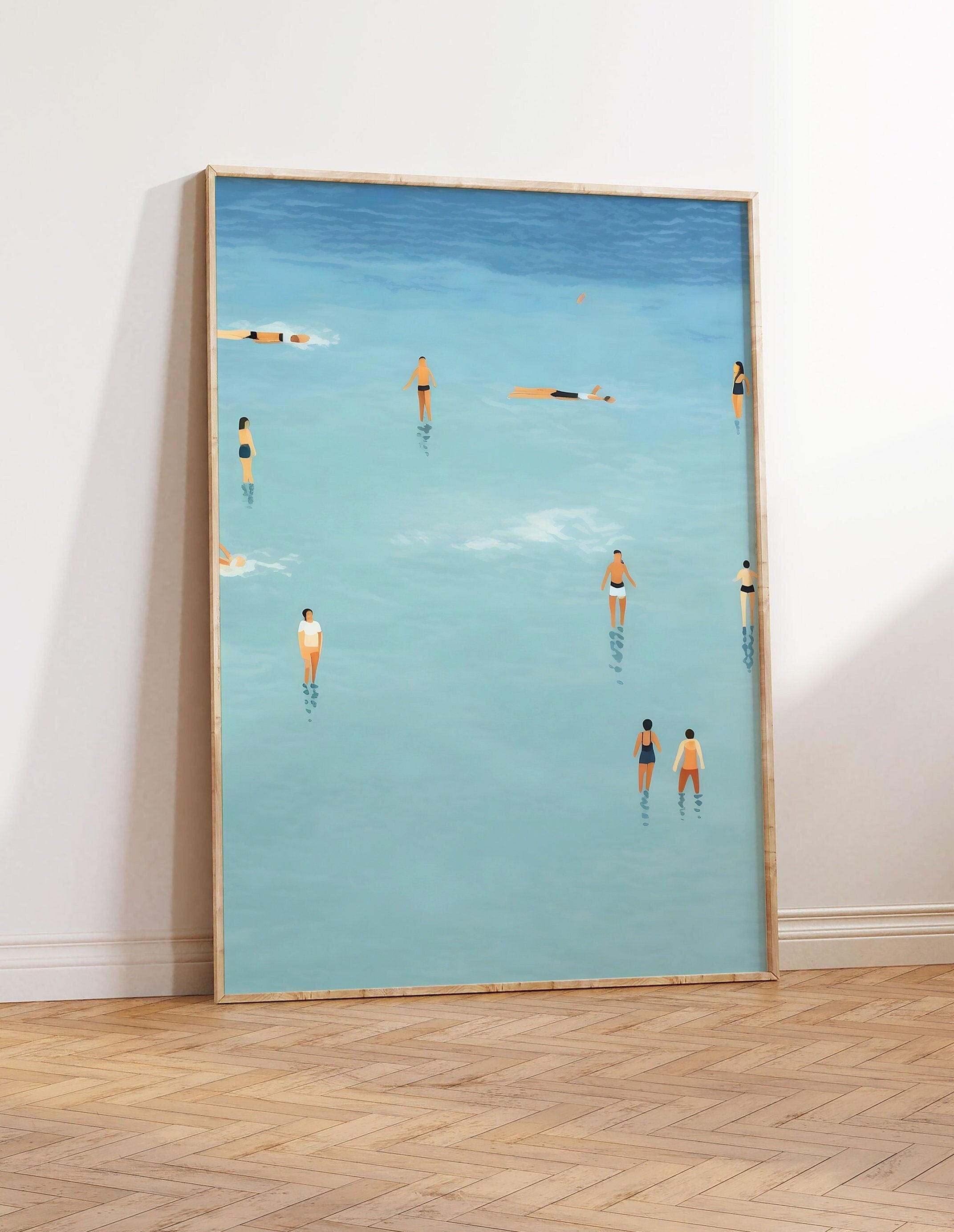 An illustration of people swimming in the water, cute summer print, summer day poster, beach day art, blue print, Wall Art, Dorm decor, Blue Art Print, blue wall art, Fine little day pillow,fine little day poster, Iuliastration poster