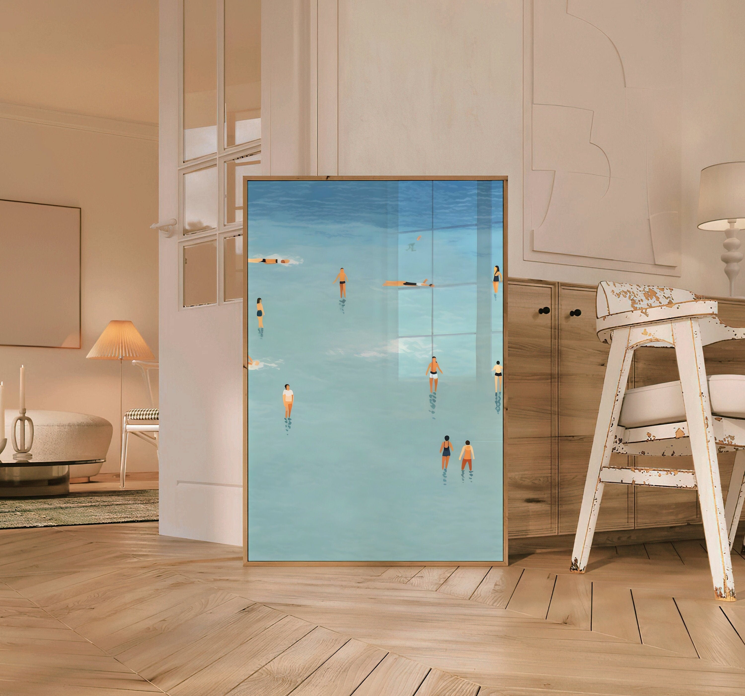 An illustration of people swimming in the water, cute summer print, summer day poster, beach day art, blue print, Wall Art, Dorm decor, Blue Art Print, blue wall art, Fine little day pillow,fine little day poster, Iuliastration poster