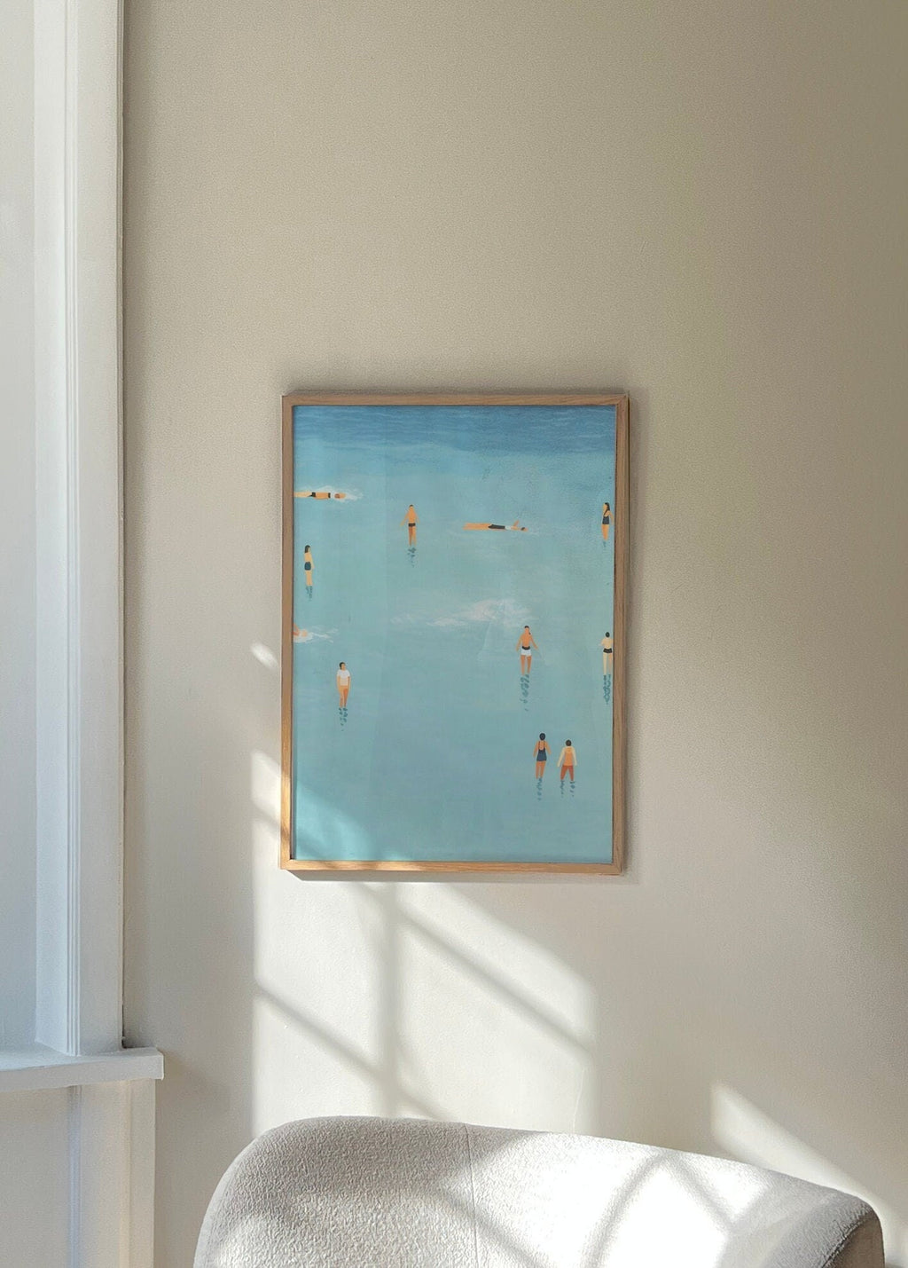 An illustration of people swimming in the water, cute summer print, summer day poster, beach day art, blue print, Wall Art, Dorm decor, Blue Art Print, blue wall art, Fine little day pillow,fine little day poster, Iuliastration poster