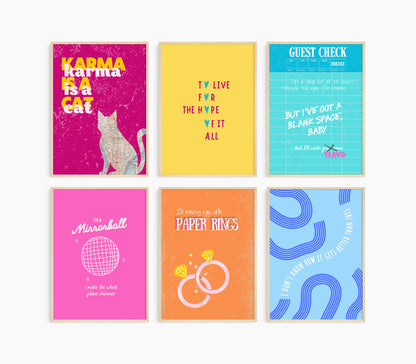 Colorful swiftie wall art set of 6, Taylor lyrics poster, Taylor poster, swiftie gift, swifite bedroom decor, eras tour inspiration