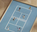 Close view of players and net in the Blue Doubles Delight II tennis print.