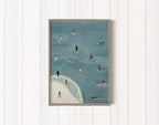 Golden Days blue summer swimming print on a white panelled wall.