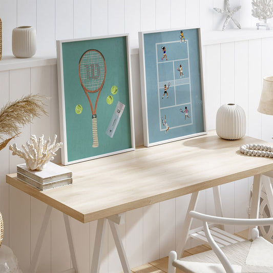 Vintage Tennis Art Poster 2er Set - Ungerahmte Retro Sport Wanddekoration - Tennis Geschenk für Schlägerspieler