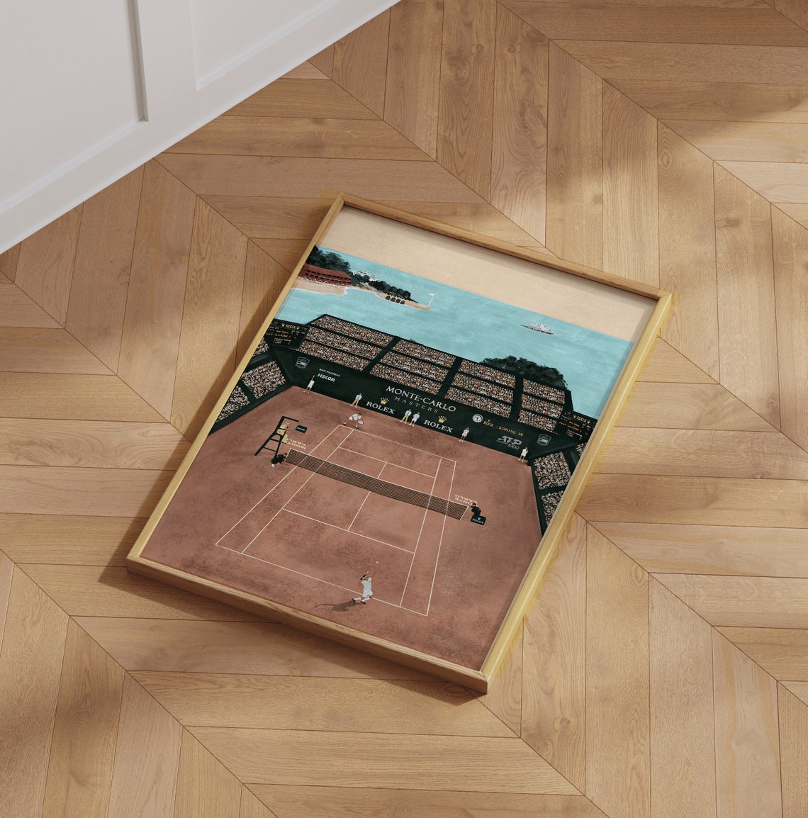 Monte-Carlo Masters tennis art print in an oak frame on a herringbone parquet floor
