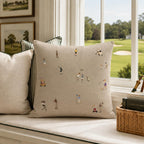 Natural beige golf pillow with illustrated tiny golfers