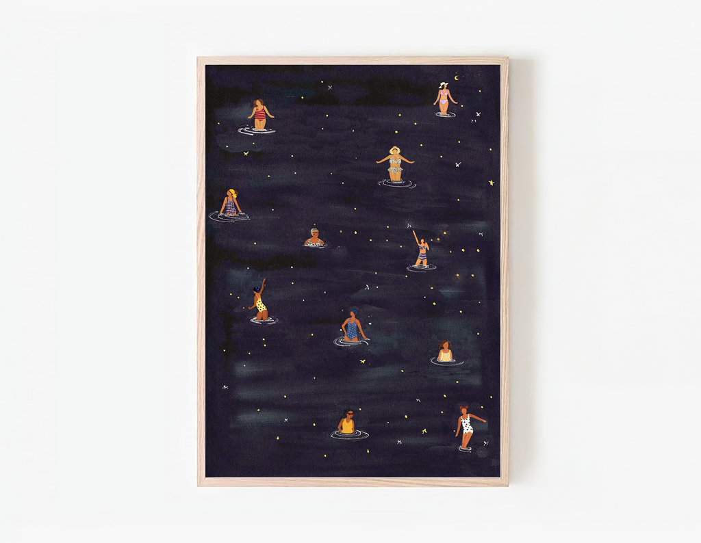 Dip In The Night, minimalist swimming wall art print, Scandinavian illustration by Studio Twins