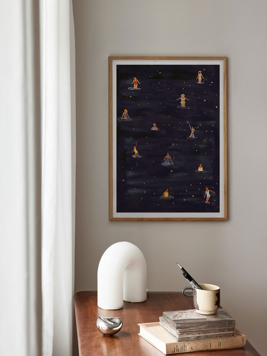 Dip In The Night, minimalist swimming wall art print, Scandinavian illustration by Studio Twins