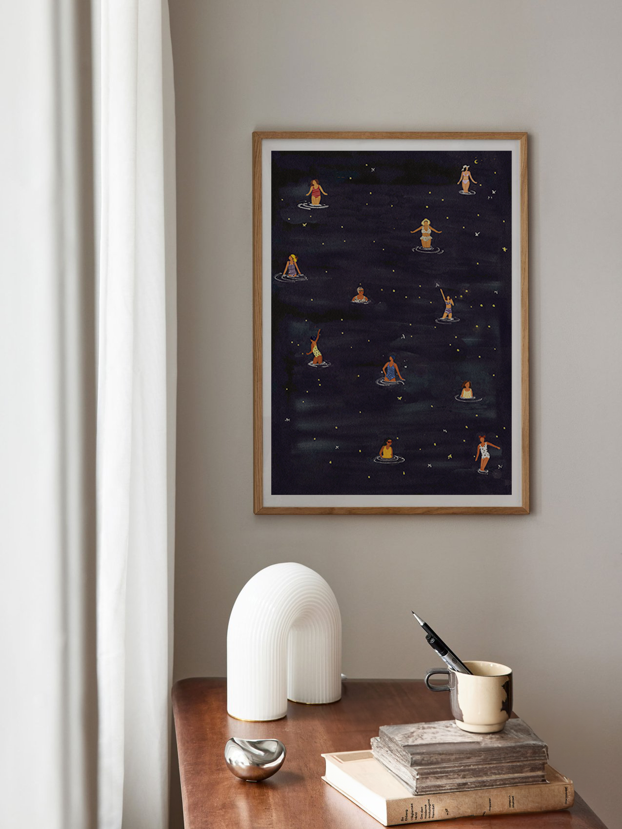 Dip In The Night, minimalist swimming wall art print, Scandinavian illustration by Studio Twins