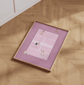 Pink Doubles Delight tennis court print in a wood frame on a parquet floor.