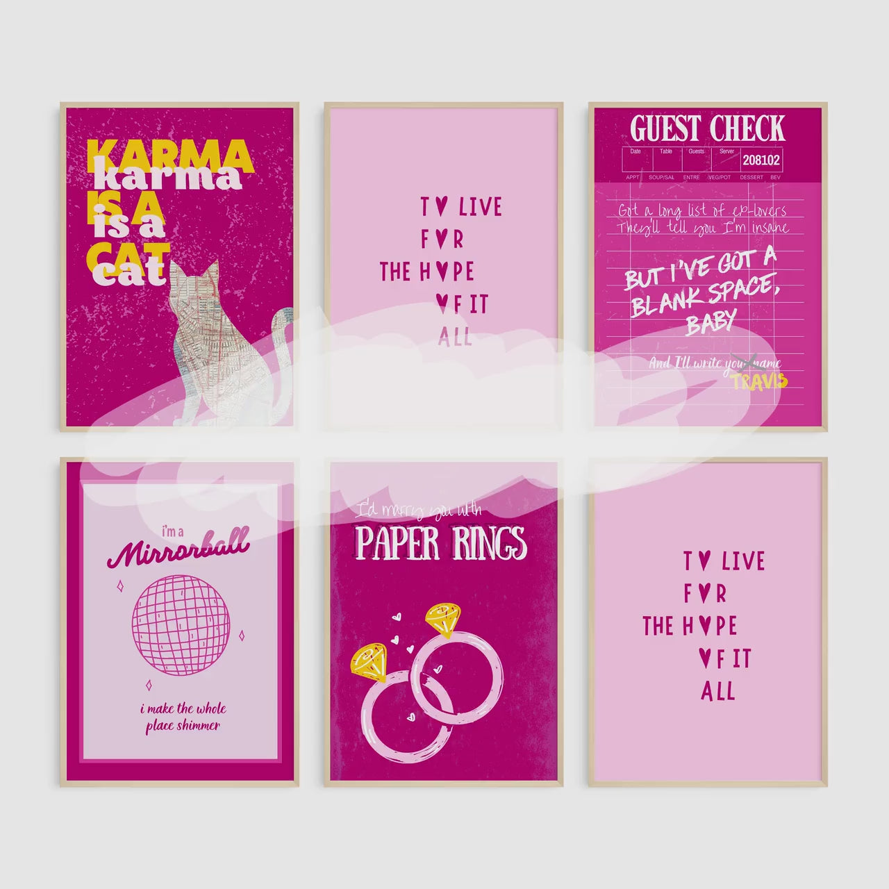 Pink Guest check wall art set, Y2K prints, Karma is a cat Print, swiftie print, trendy wall art, bar cart posters, pink poster, swiftie gift