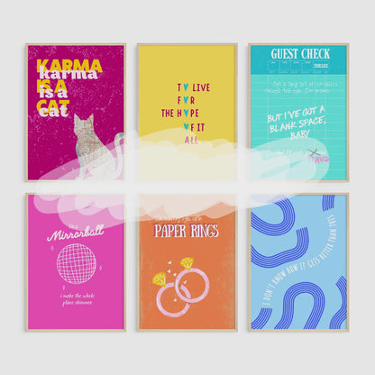 Colorful swiftie wall art set of 6, Taylor lyrics poster, Taylor poster, swiftie gift, swifite bedroom decor, eras tour inspiration