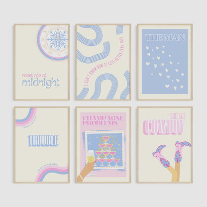 Swiftie print set, Inspired by Midnights, cowboy print, champagne problems, the man, lover print, knew you were trouble, girl birthday gift