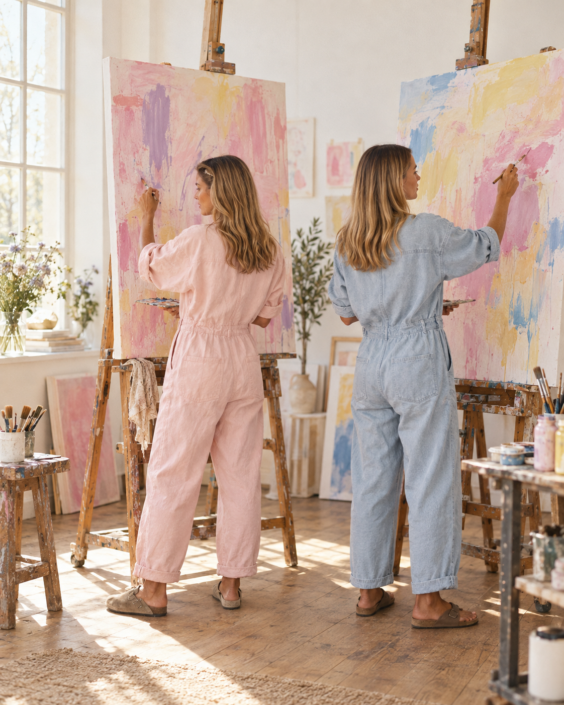 An imagined studio day inspired by Betina and Emilie, painting side by side in pink and blue.