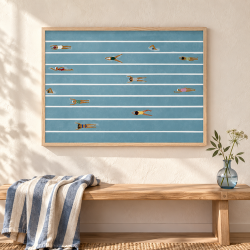 Swimming In Lanes I blue pool print styled above an oak bench; lifestyle visualisation.