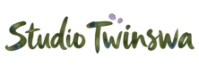 Studio Twinswa hand-painted watercolor wordmark in olive and lavender.