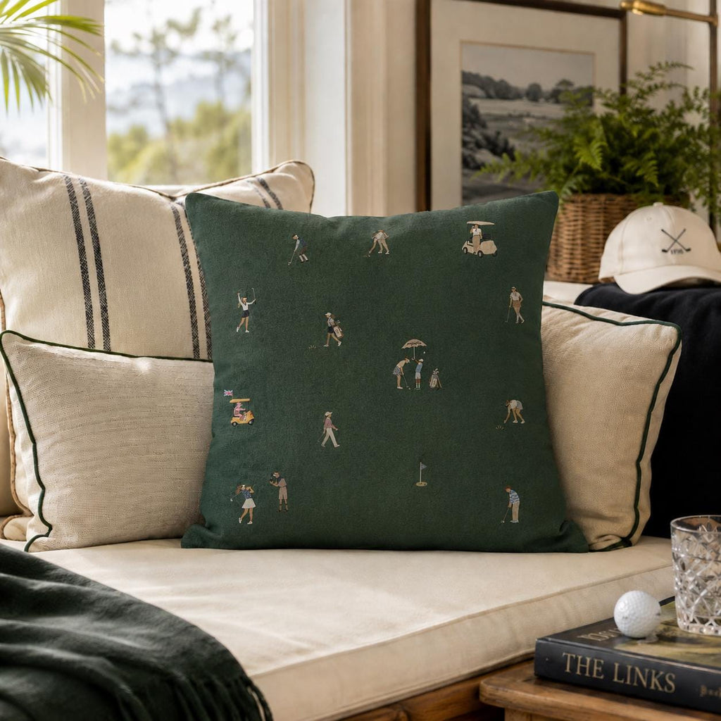 Women Who Golf pillow shown in a warm interior
