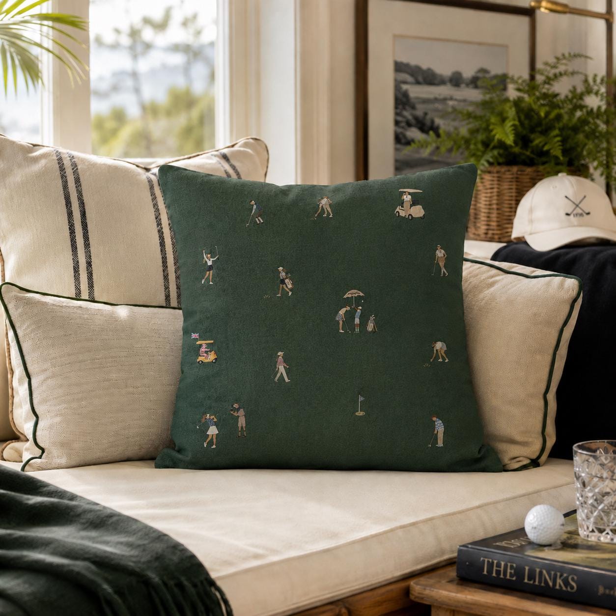 Women Who Golf pillow shown in a warm interior
