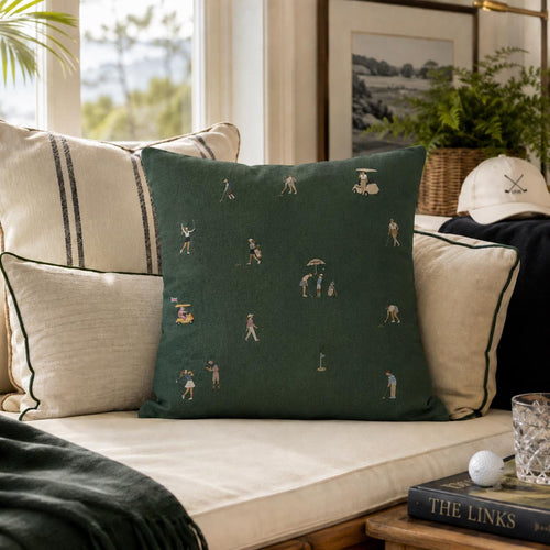 Women Who Golf pillow shown in a warm interior