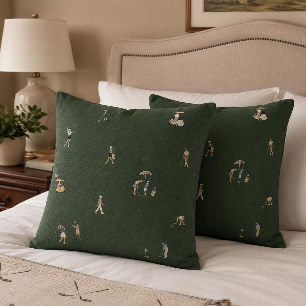 Close view of the illustrated women golfers pillow