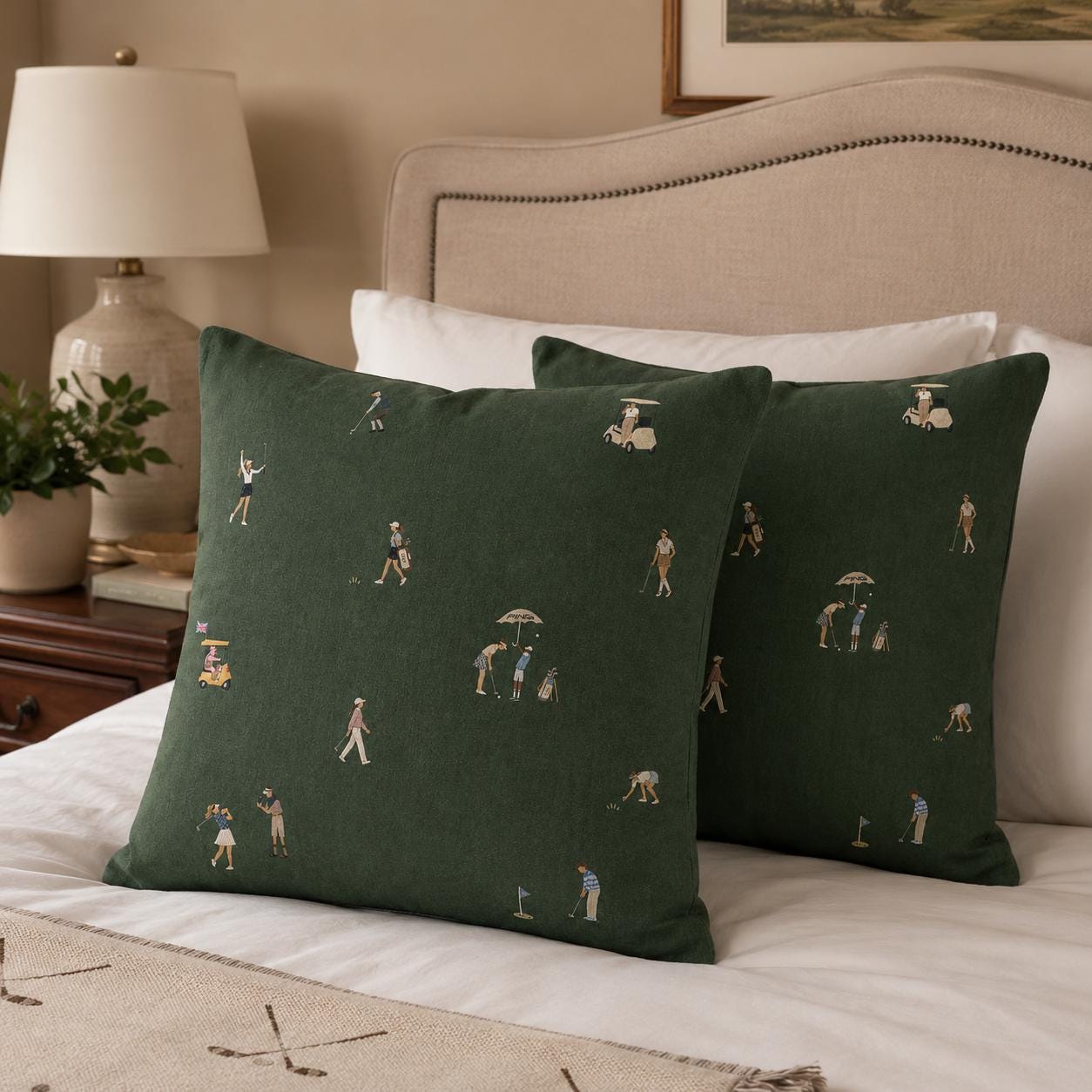 Close view of the illustrated women golfers pillow