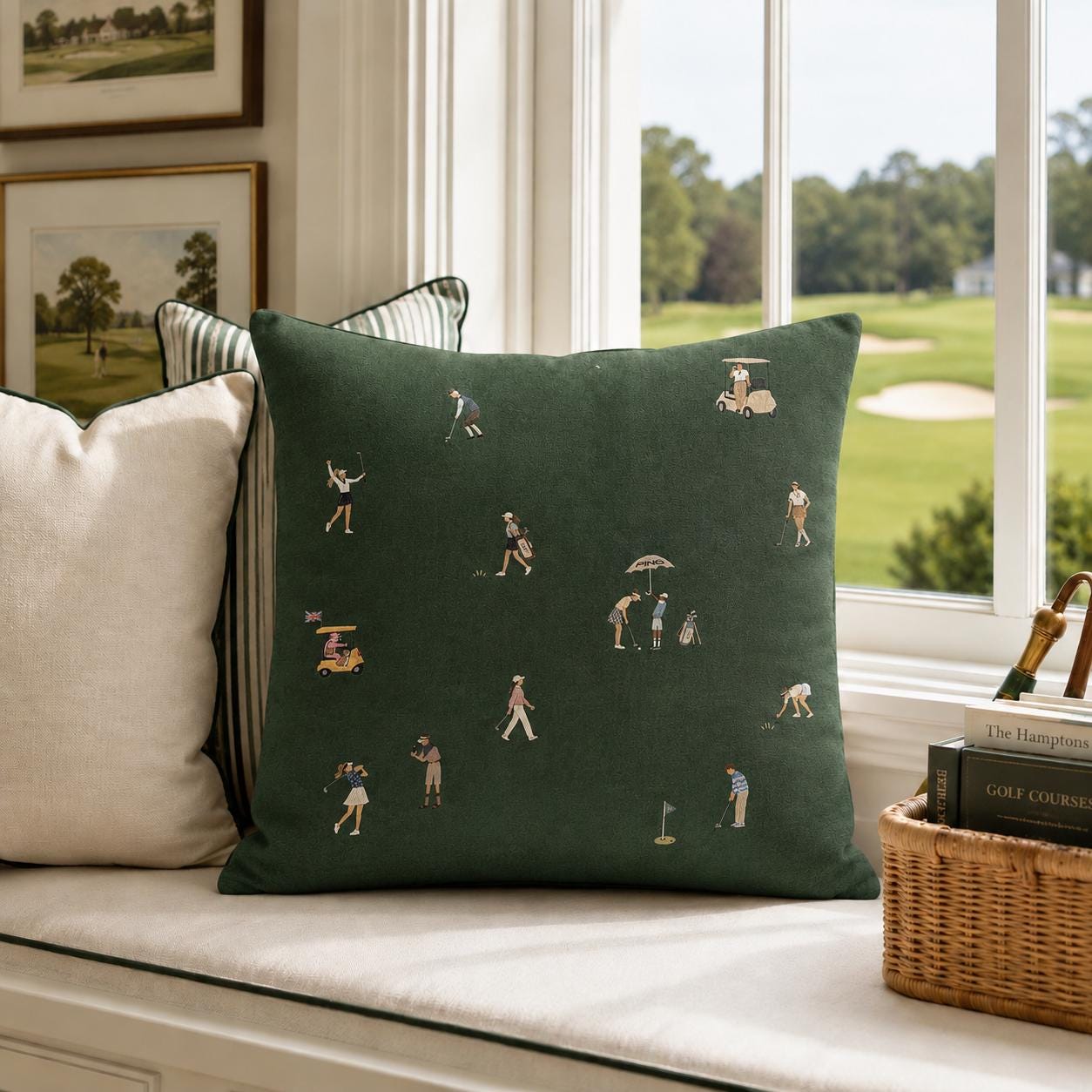 Dark green golf pillow styled on a chair
