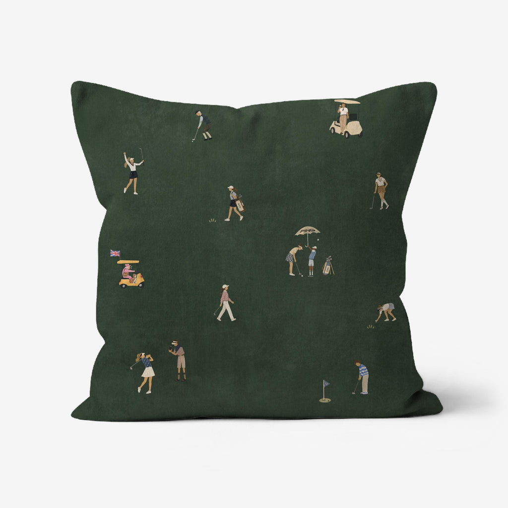 Detail of women golfers on dark green fabric