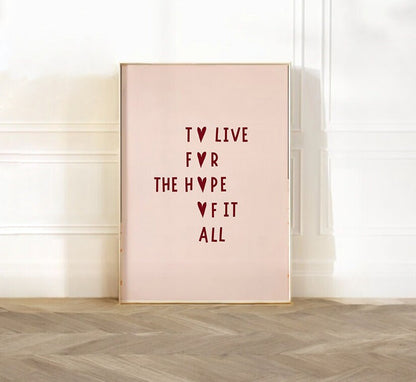 Taylor set of 6, To Live For The Hope Of It All, Roll the Dice print, swifti Decor, Dorm Room Decor, swifti Gift, swiftie-gift