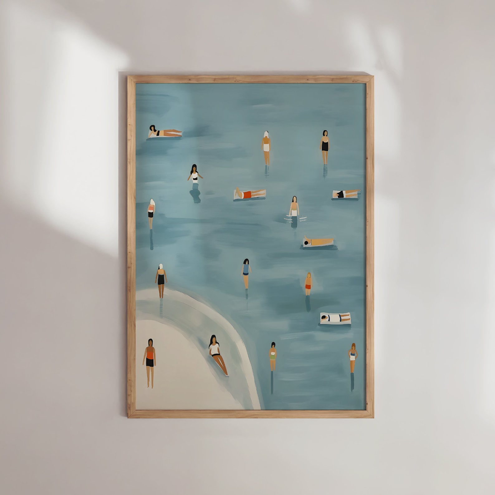 An illustration of people swimming in the water, cute summer print, summer day poster, beach day art, blue print, Wall Art, Dorm decor, Blue Art Print, blue wall art, Fine little day pillow,fine little day poster, Iuliastration poster