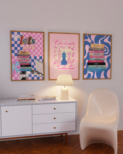 taylor swift wall art set in pink and blue, checkered, eras tour collection, taylor album covers, folklore, fearless, lover, midnights, evermore,reputation, 1989, red, speak now