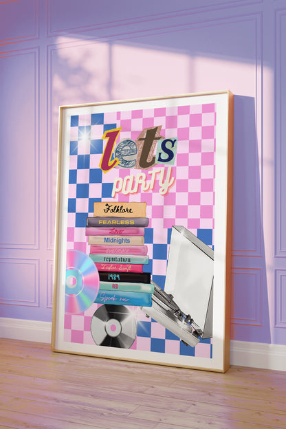 taylor swift wall art set in pink and blue, checkered, eras tour collection, taylor album covers, folklore, fearless, lover, midnights, evermore,reputation, 1989, red, speak now