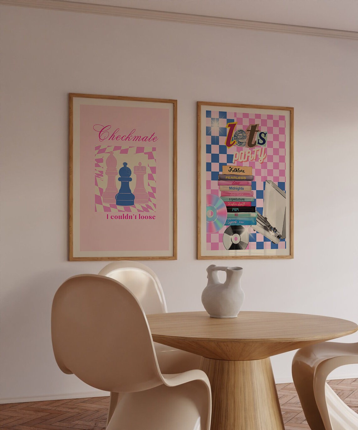 taylor swift wall art set in pink and blue, checkered, eras tour collection, taylor album covers, folklore, fearless, lover, midnights, evermore,reputation, 1989, red, speak now