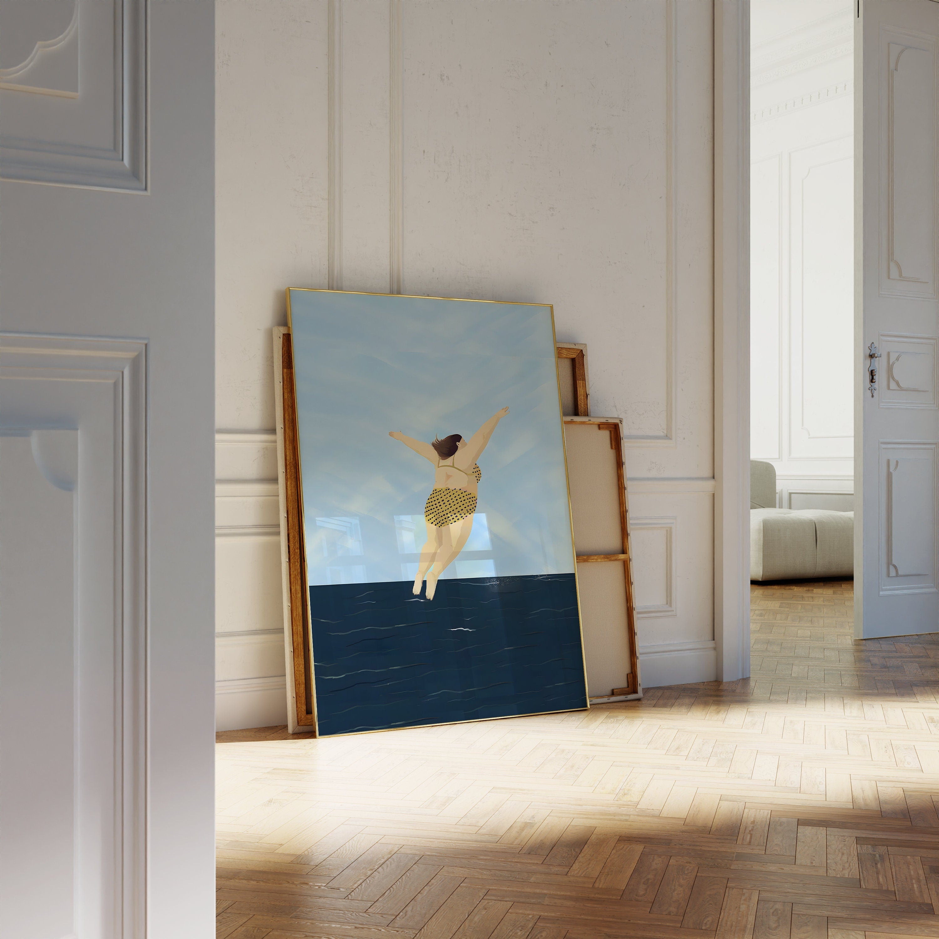 Cute summer print, Beach day art, Female diving Print, Minimalist Wall Art, Dorm decor, Blue Art Print, blue wall art, blue wall art, acstract print, digital print, abstract people art, scandinavian art, nordic print, nordic wall art, beach wall art