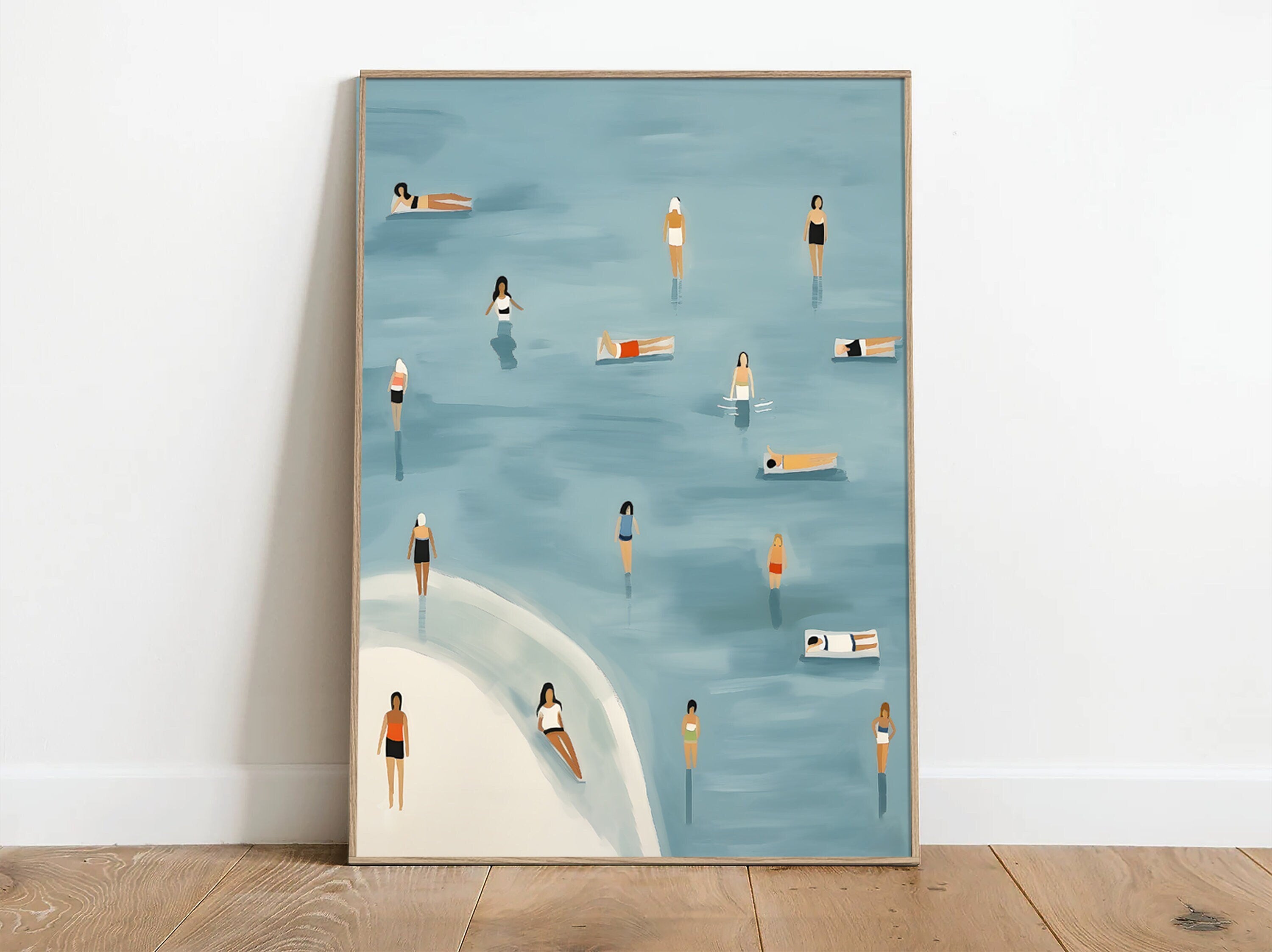 An illustration of people swimming in the water, cute summer print, summer day poster, beach day art, blue print, Wall Art, Dorm decor, Blue Art Print, blue wall art, Fine little day pillow,fine little day poster, Iuliastration poster