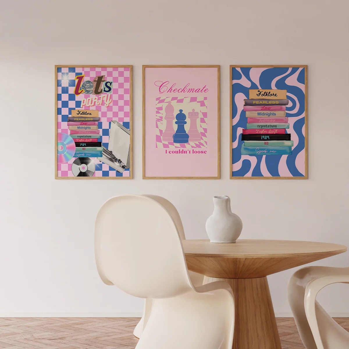 taylor swift wall art set in pink and blue, checkered, eras tour collection, taylor album covers, folklore, fearless, lover, midnights, evermore,reputation, 1989, red, speak now