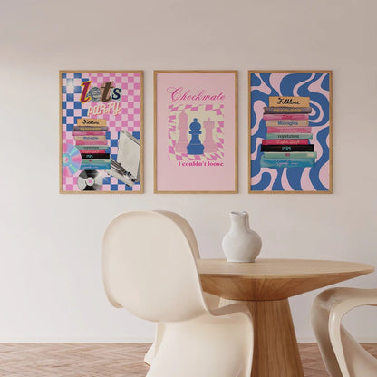 taylor swift wall art set in pink and blue, checkered, eras tour collection, taylor album covers, folklore, fearless, lover, midnights, evermore,reputation, 1989, red, speak now