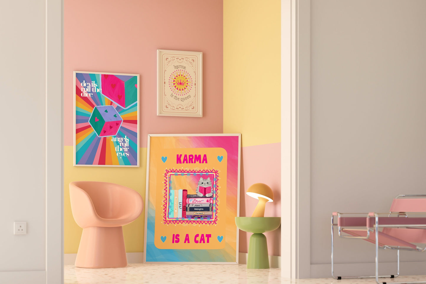 colorful midnights karma poster in rainbow hues - karma is a cat