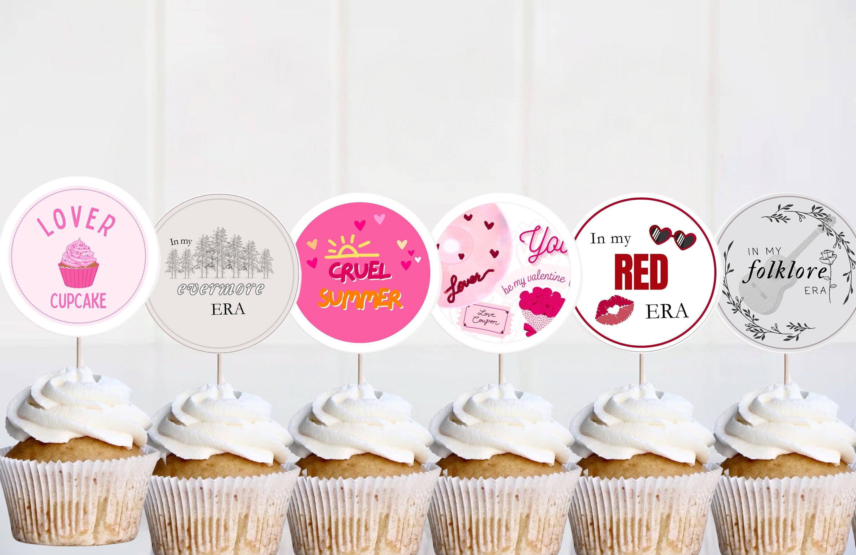 Swiftie birthday or party kit: 30 eras tour cupcake toppers, DIY print cut, gift for taylor swift fan, birthday taylor swift