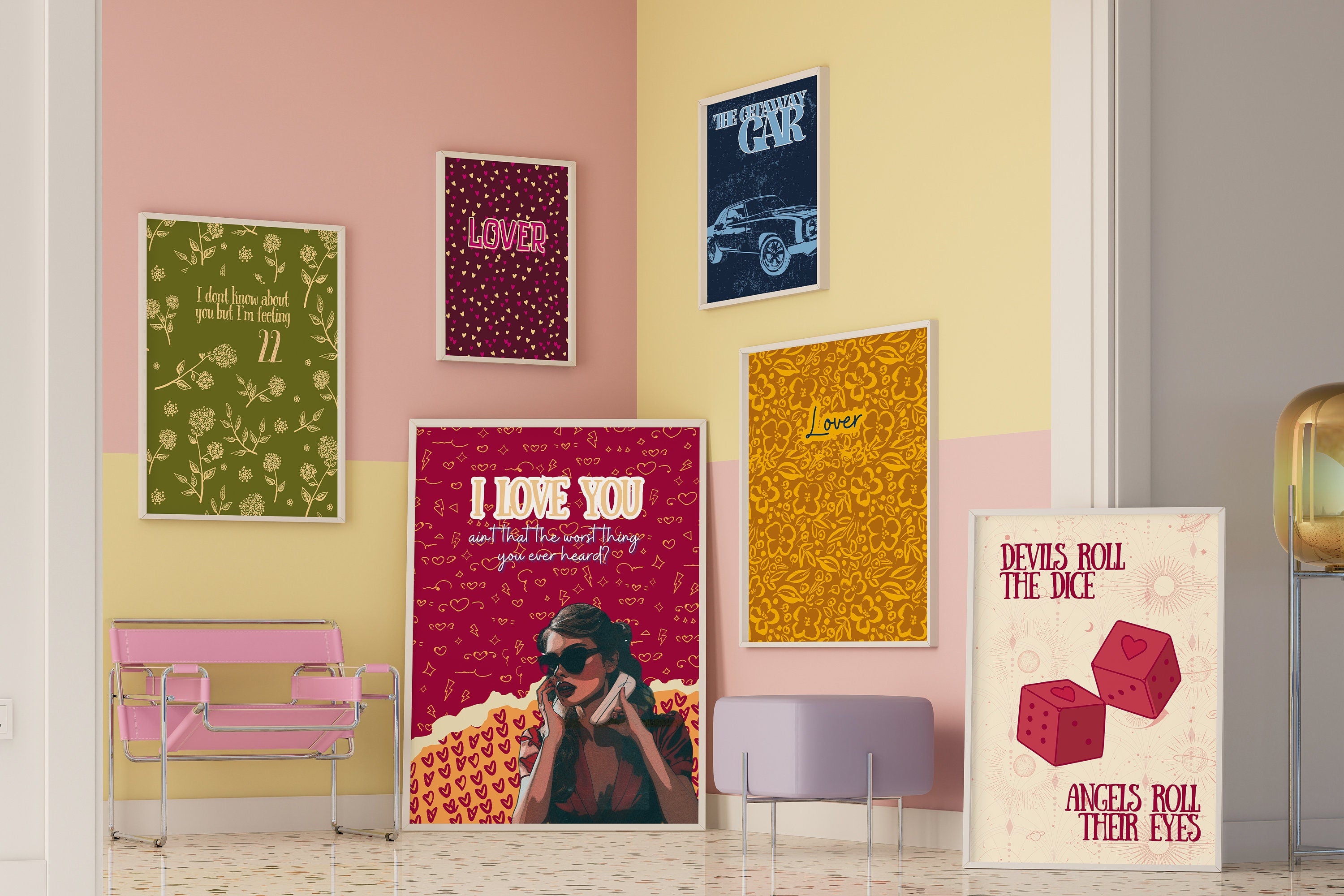 Colorful wall art set of 6, Taylor lyrics print, roll the dice, getaway car, lover, swiftie gift, gift for fan, swiftie daughter, eras fan