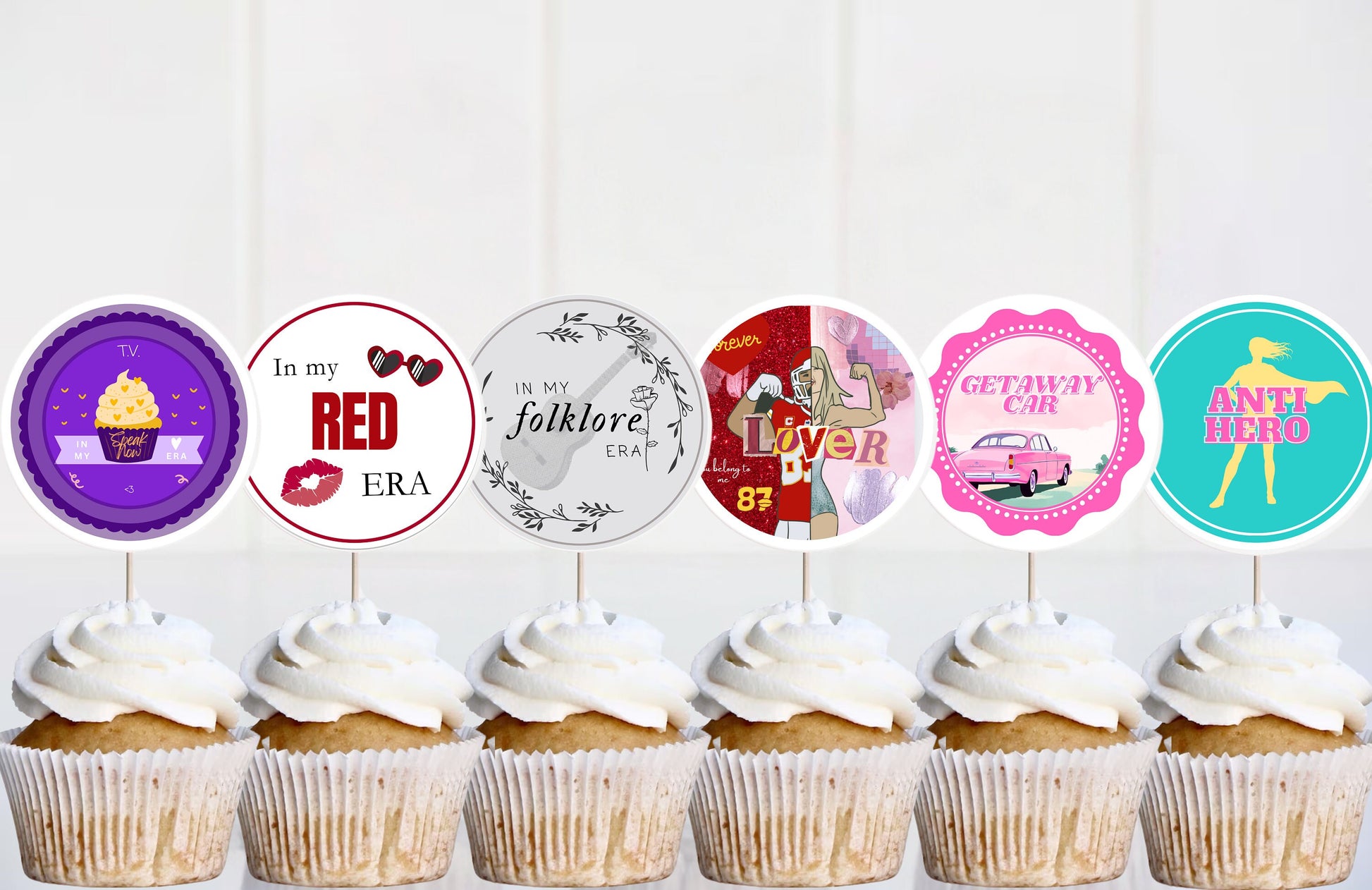 Swiftie birthday or party kit: 30 eras tour cupcake toppers, DIY print cut, gift for taylor swift fan, birthday taylor swift